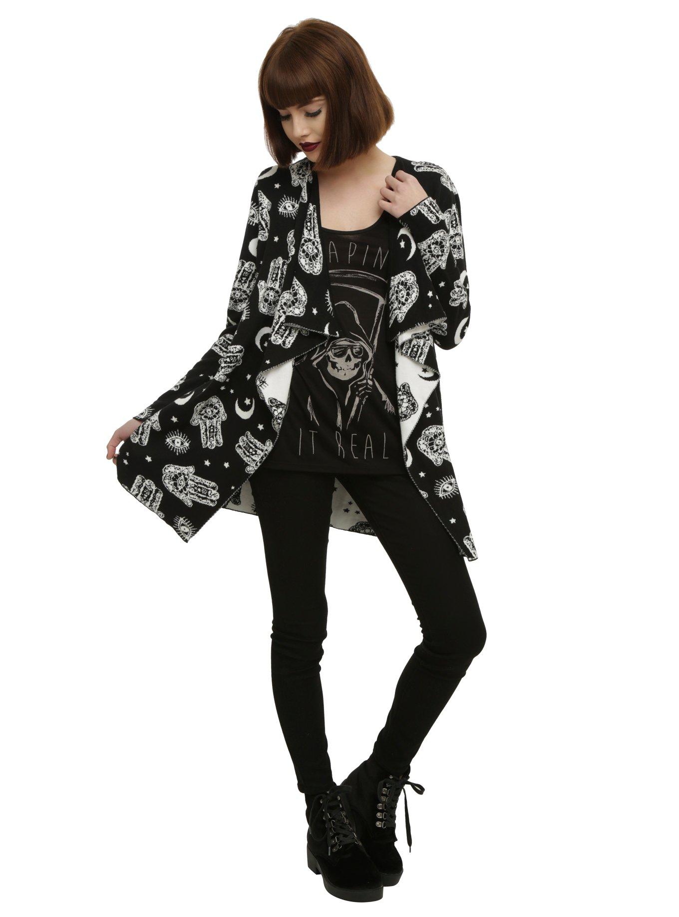 Black & Ivory Hamsa Hand Girls Flyaway Cardigan, , alternate
