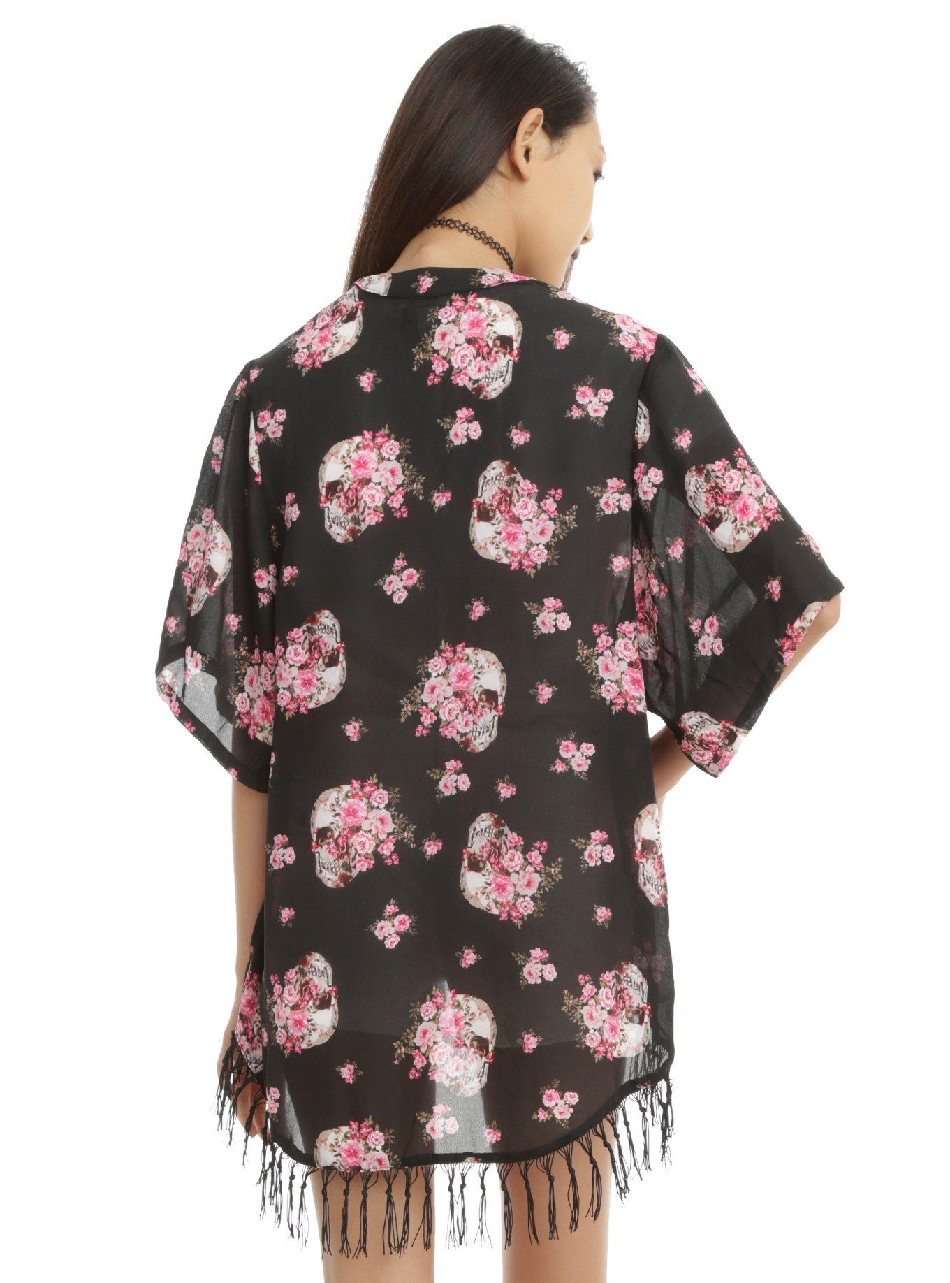 Black Skull Floral Fringe Kimono, , alternate