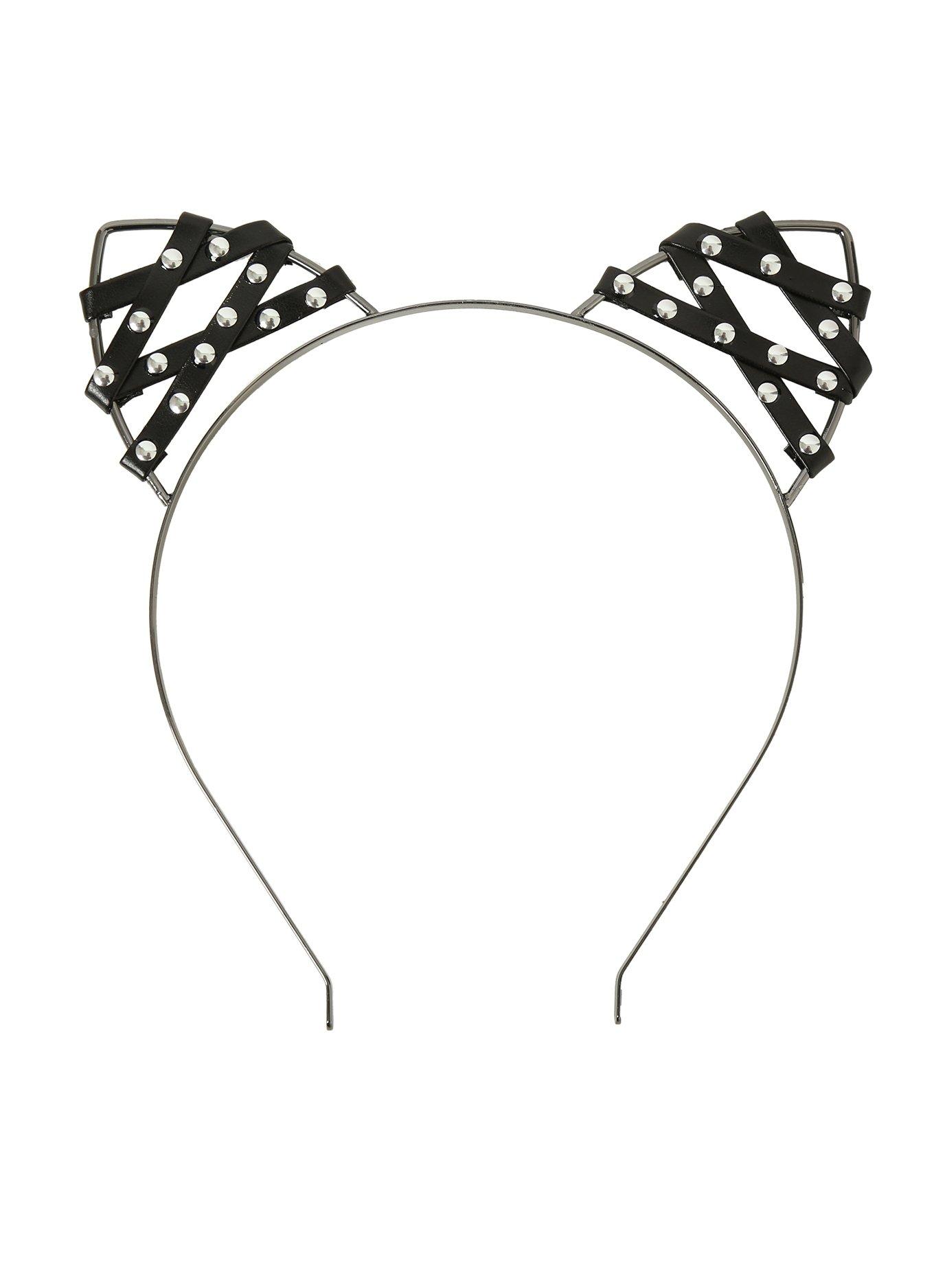 Studded Faux Leather Cat Ear Headband, , alternate