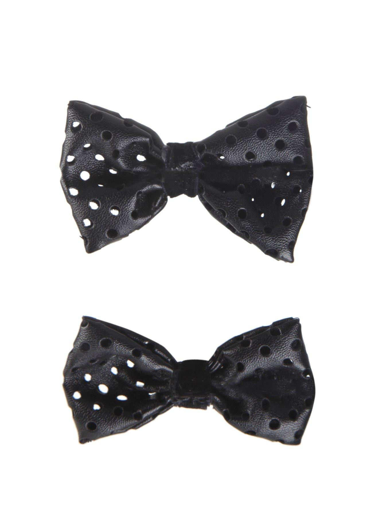 Black Faux Leather Perforated Hair Bows, , alternate