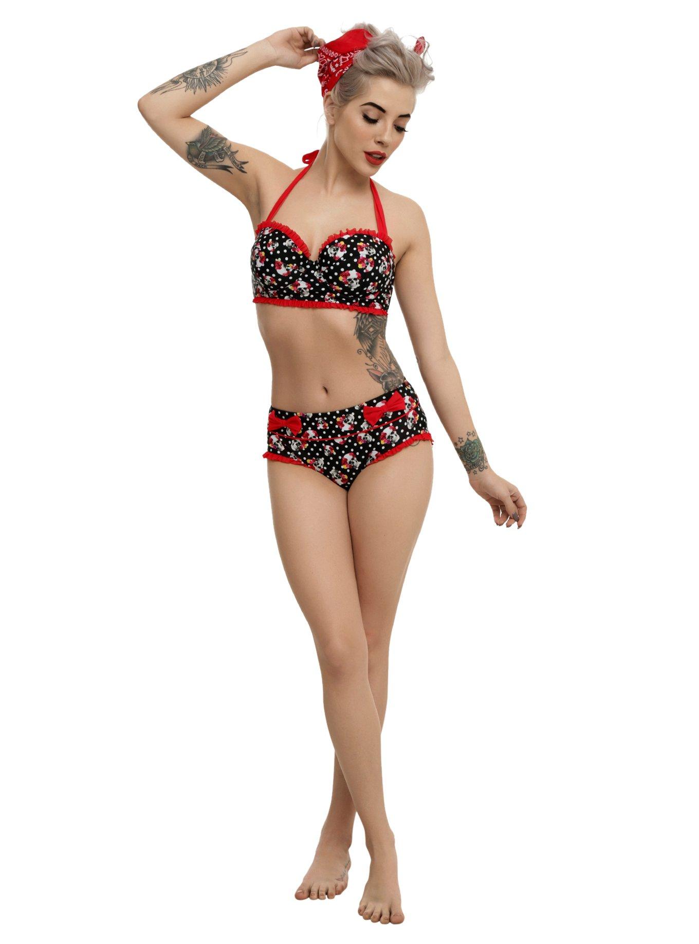 Skull Rose Polka Dot Swim Top, , alternate