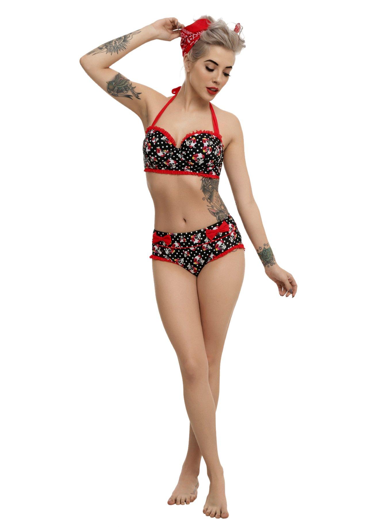 Skull Rose Polka Dot Swim Bottoms, , alternate