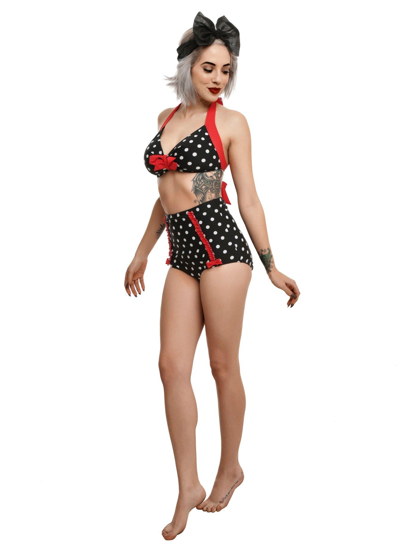 Too Fast Black White & Red Polka Dot Swim Bottoms, , alternate