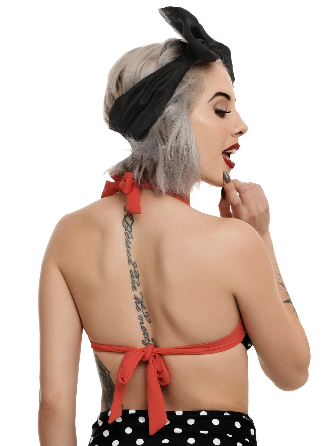 Too Fast Black White & Red Polka Dot Swim Top, , alternate