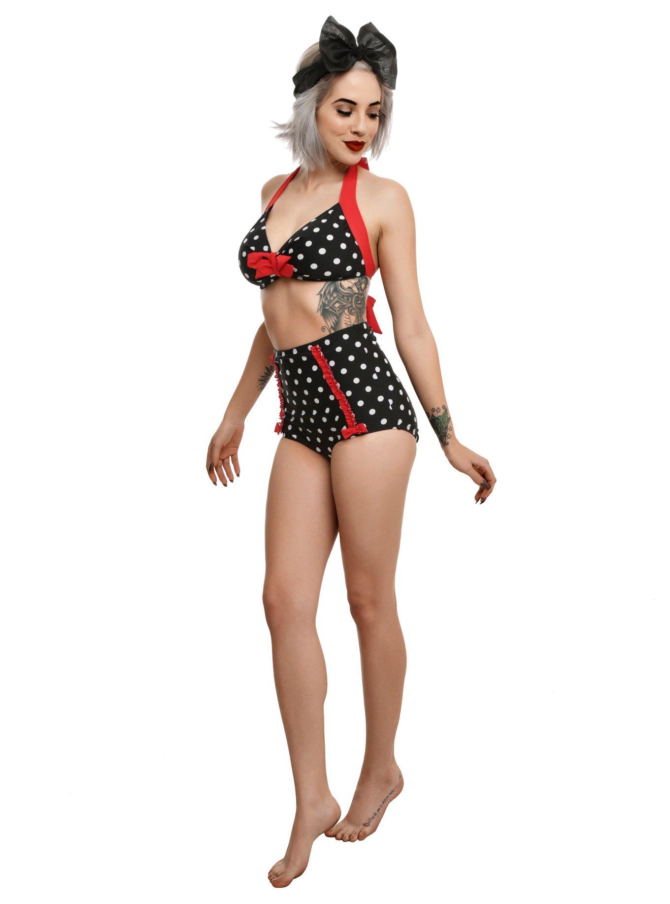 Too Fast Black White & Red Polka Dot Swim Top, , alternate