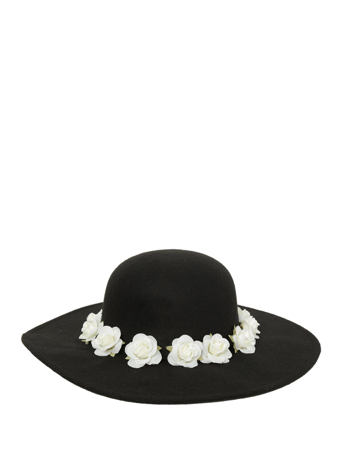Floral Band Black Felt Floppy Hat, , alternate