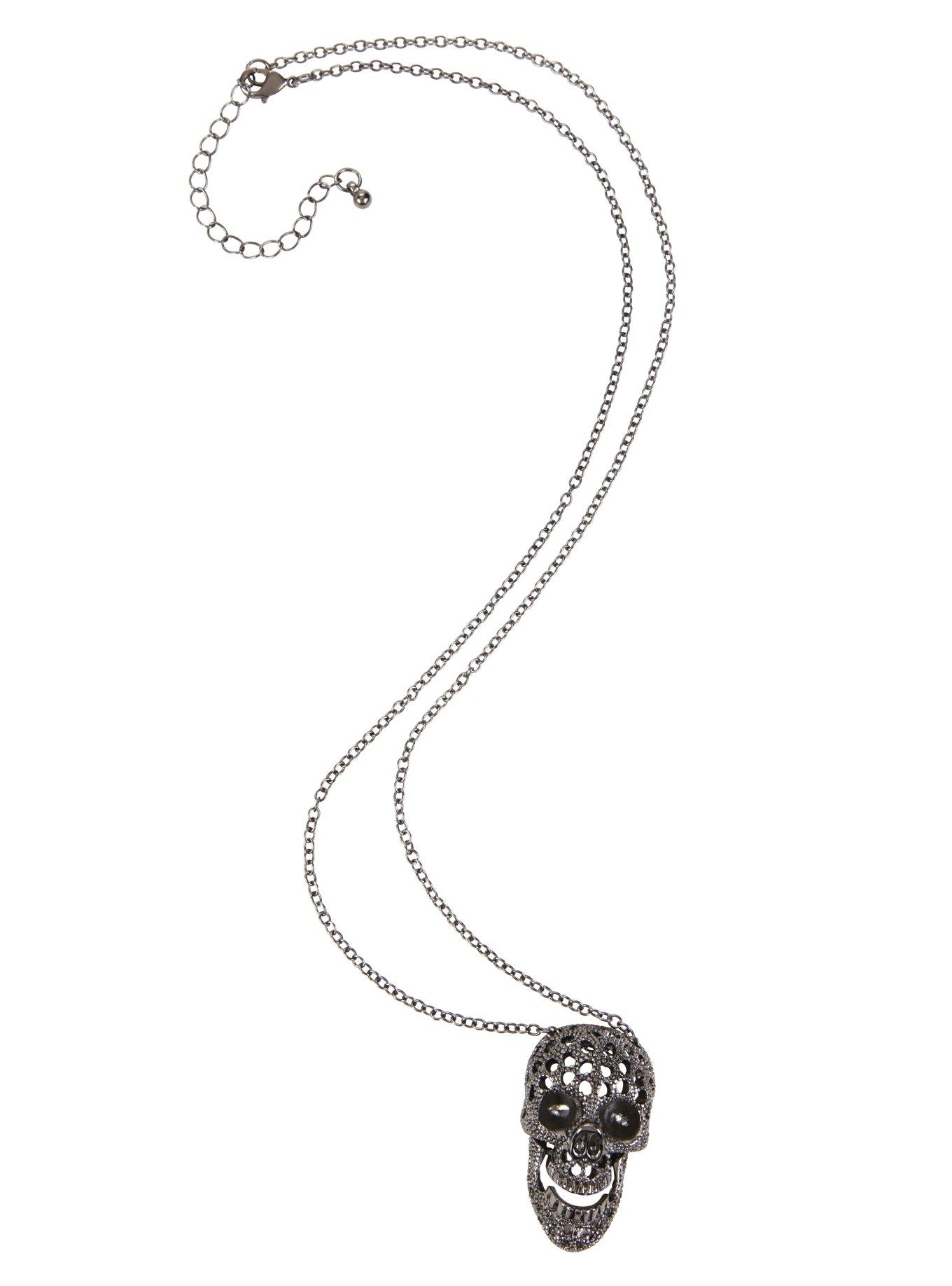 Hematite Perforated Skull Necklace, , alternate