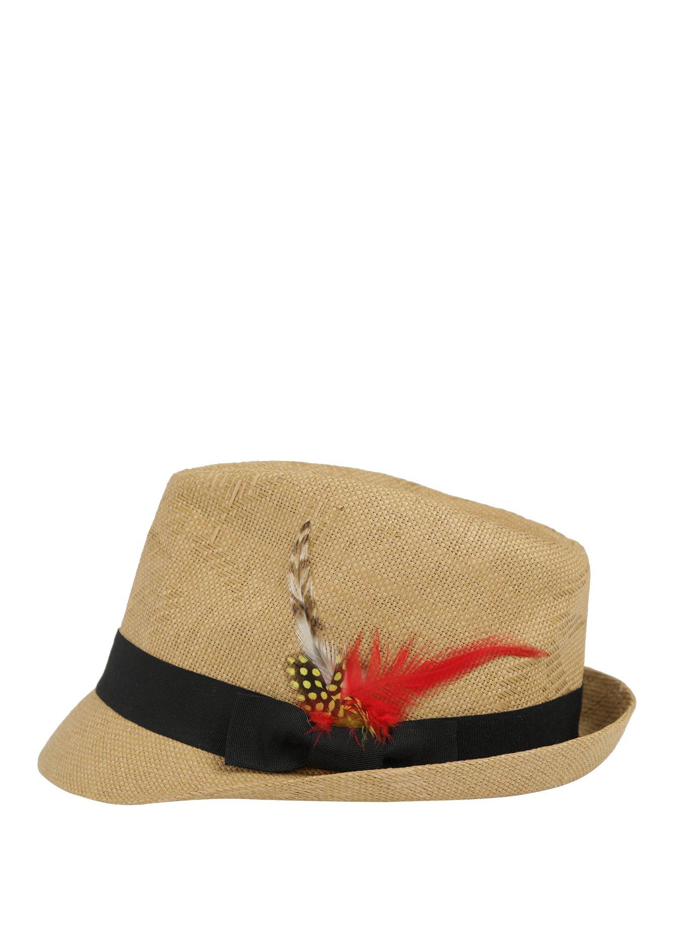Feather Banded Straw Fedora Hat, , alternate