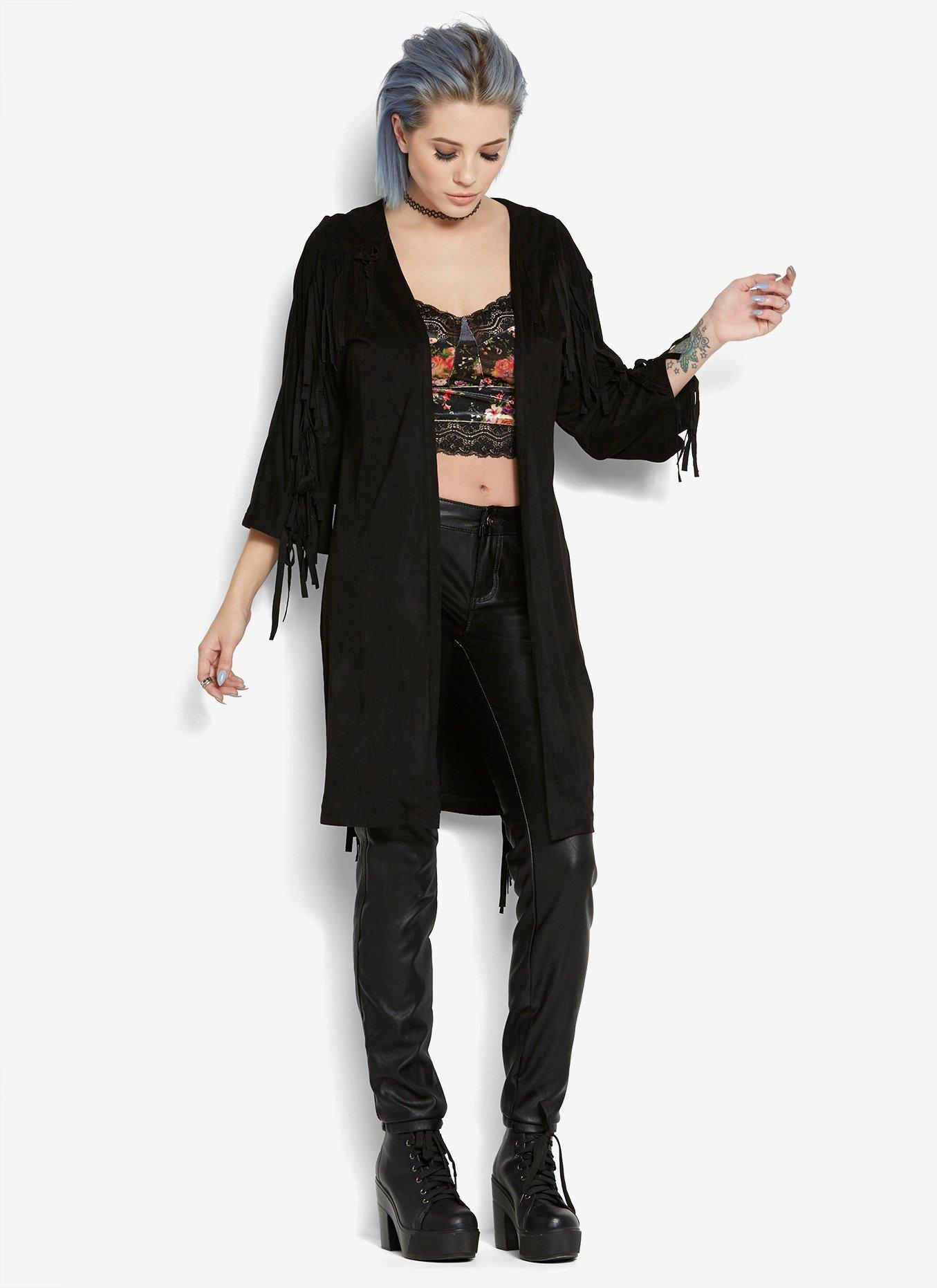 Faux Suede Fringe Cardigan, , alternate