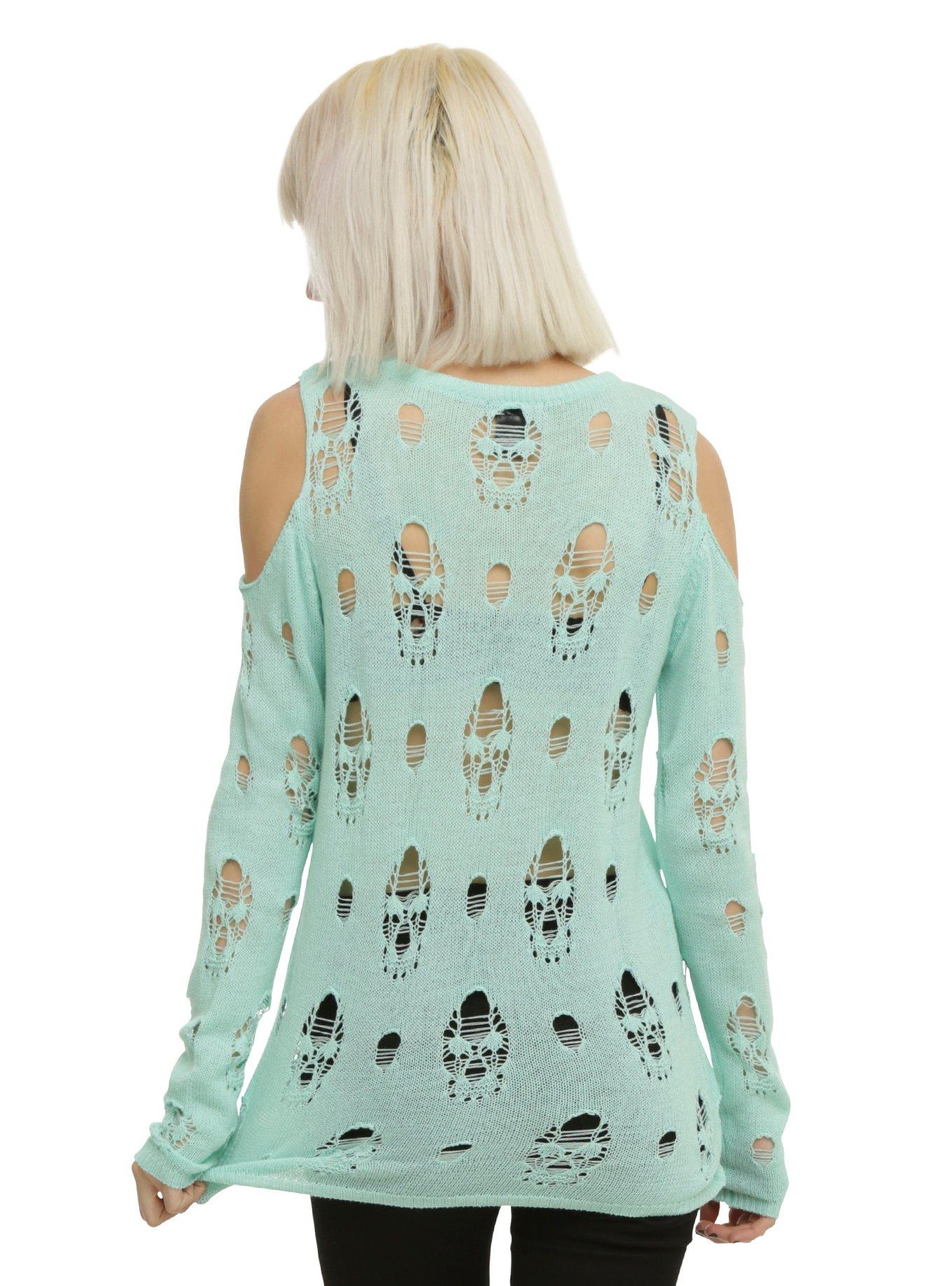 Mint Destructed Skull Girls Sweater, , alternate