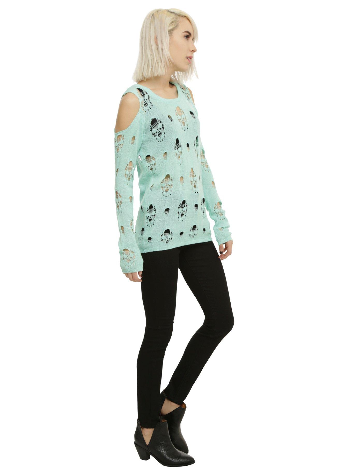 Mint Destructed Skull Girls Sweater, , alternate