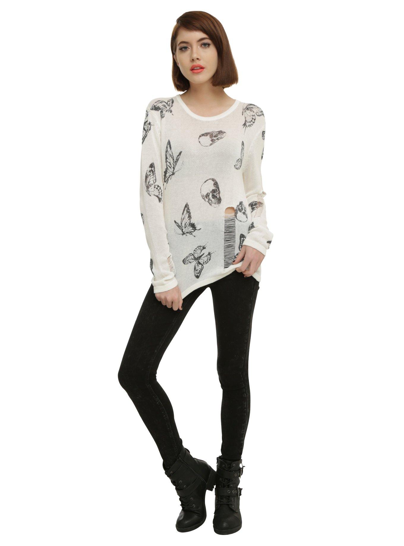 Ivory Skull & Butterfly Girls Sweater, , alternate