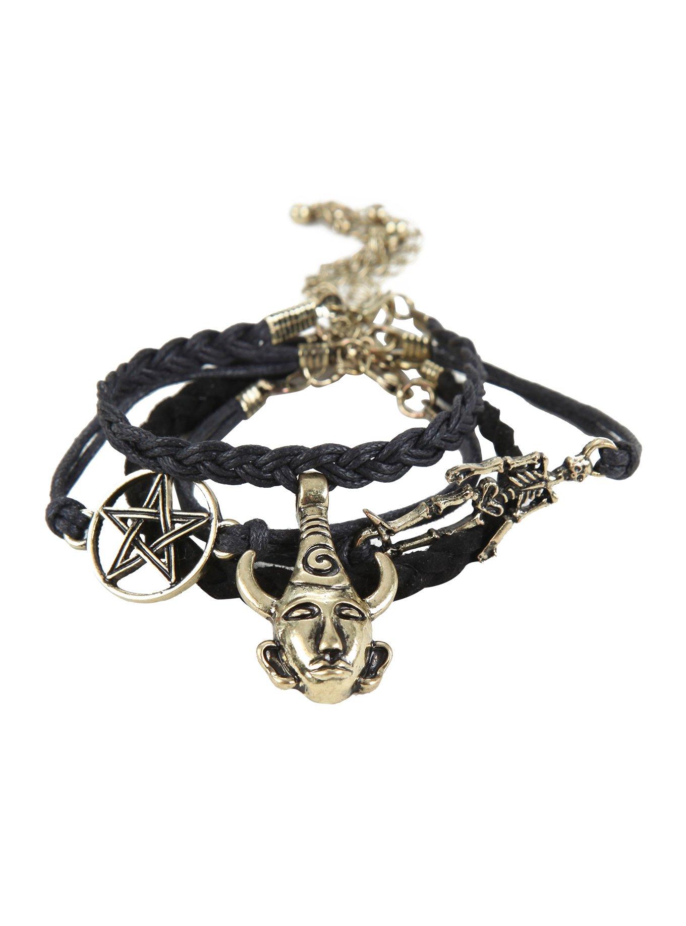 Amulet Skeleton Pentagram Cord Bracelet Set, , alternate
