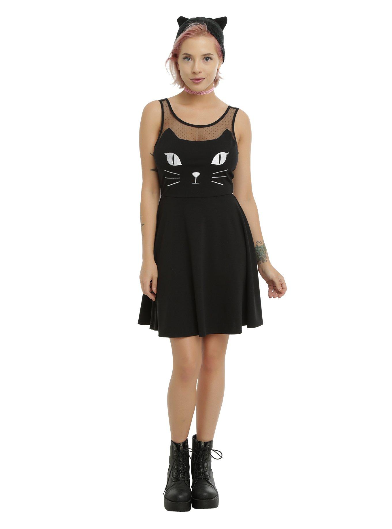 Black Kitty Cat Sleeveless Skater Dress, , alternate