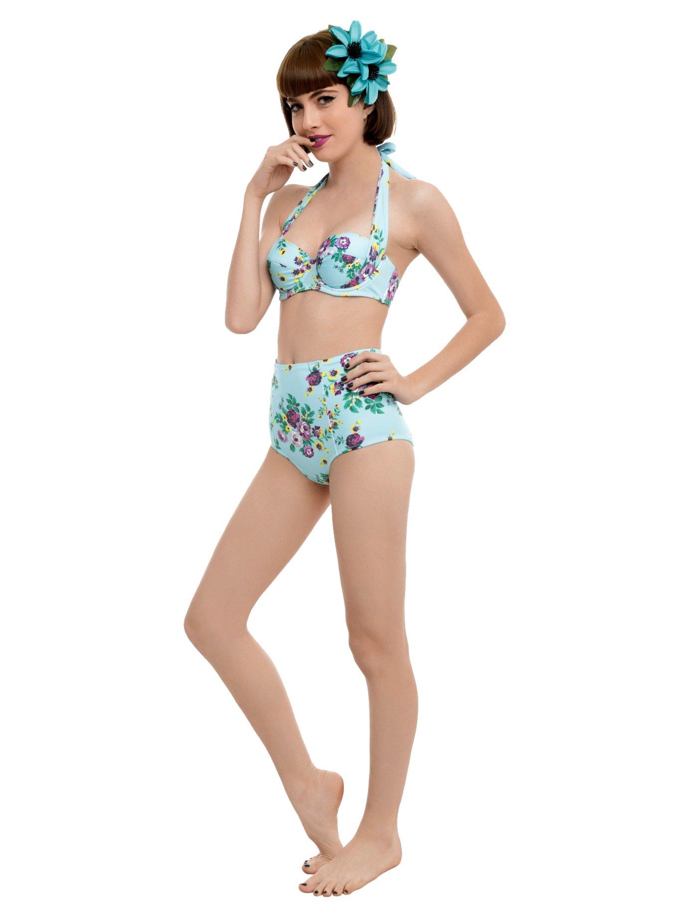 Hell Bunny Turquoise Floral Swim Top, , alternate