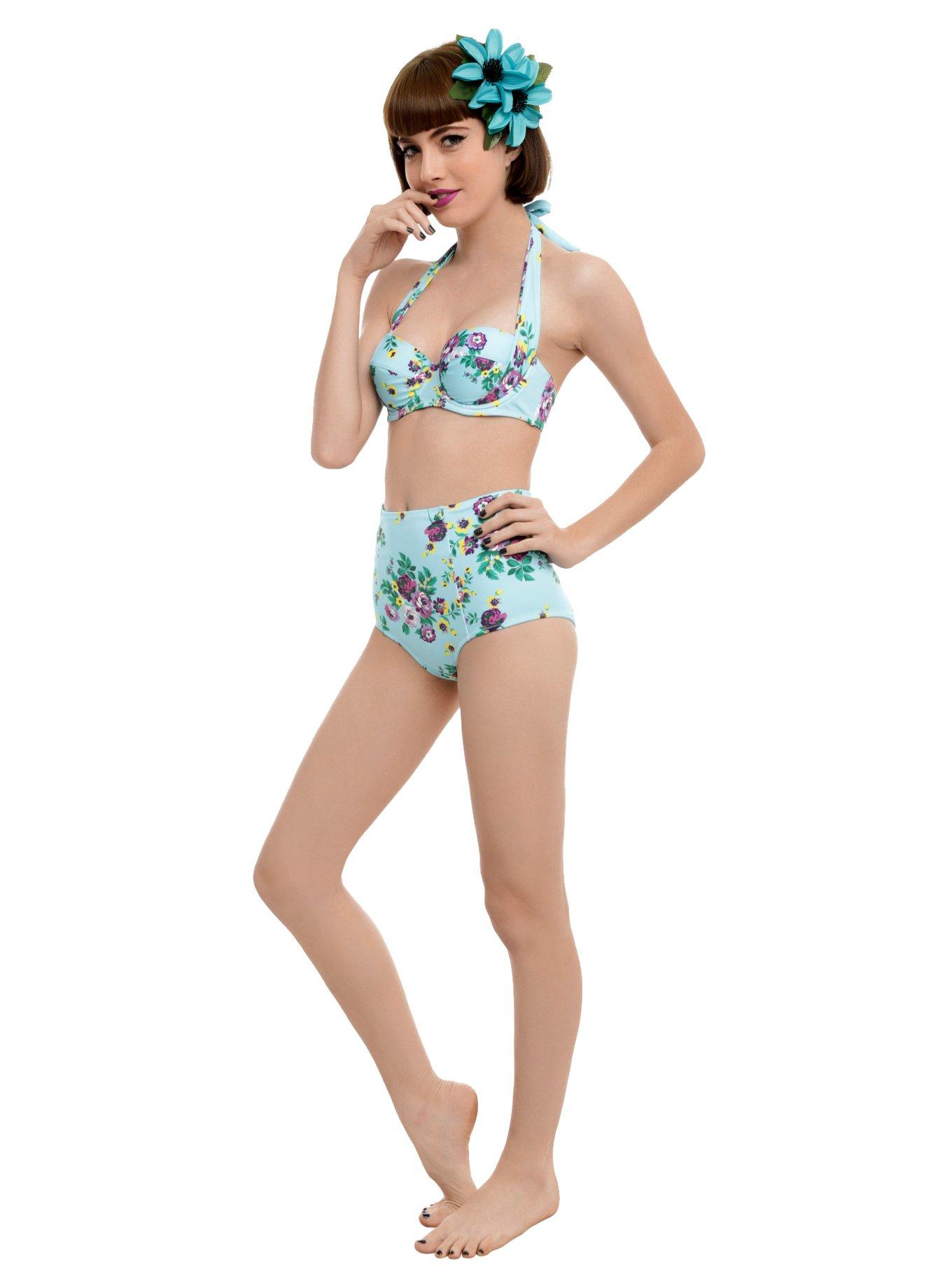 Hell Bunny Turquoise Floral Swim Bottoms, , alternate