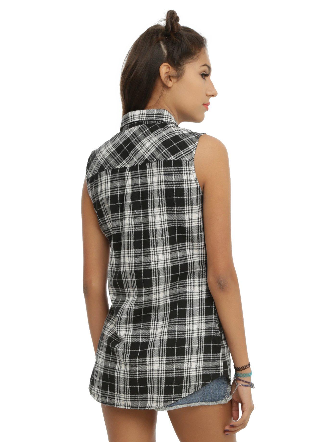 Black & White Plaid Girls Sleeveless Woven Button-Up, , alternate