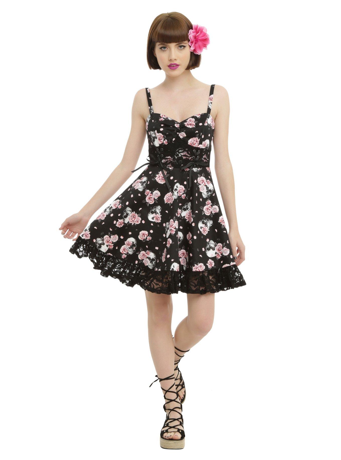 Black & Pink Skull Rose Lace-Up Dress, , alternate