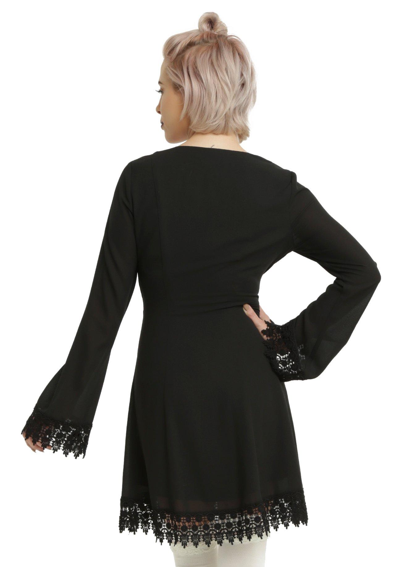 Black Long Crochet Bell Sleeve Dress, , alternate