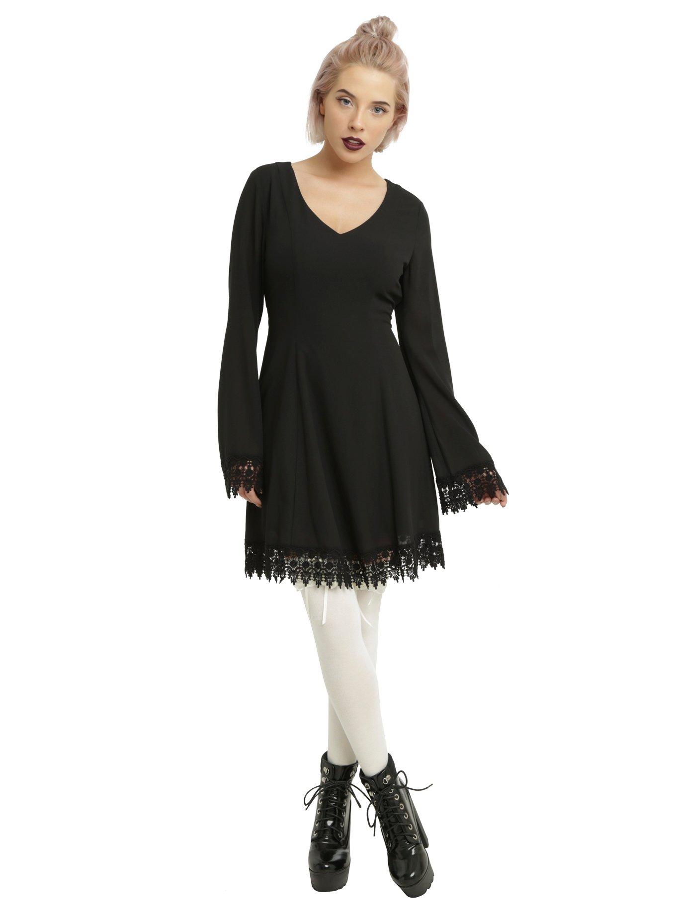 Black Long Crochet Bell Sleeve Dress, , alternate