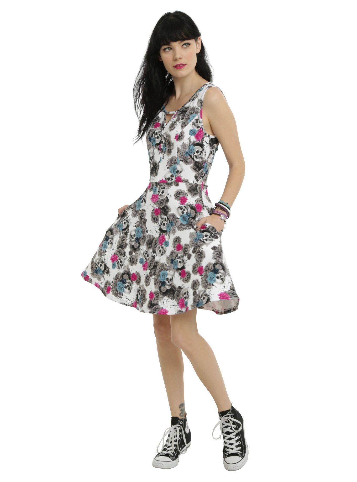 Skull & Roses Watercolor Skater Dress, , alternate