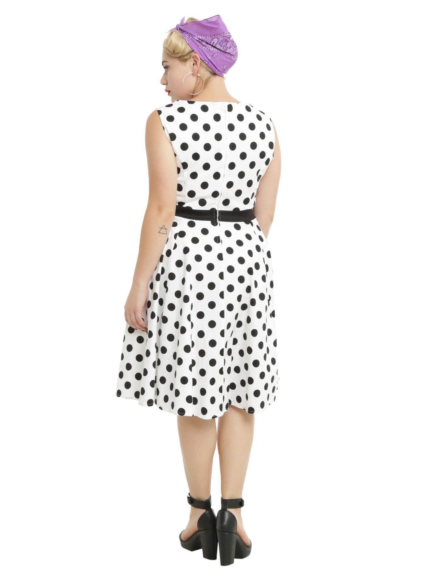 White & Black Polka Dots Swing Dress Plus Size, , alternate