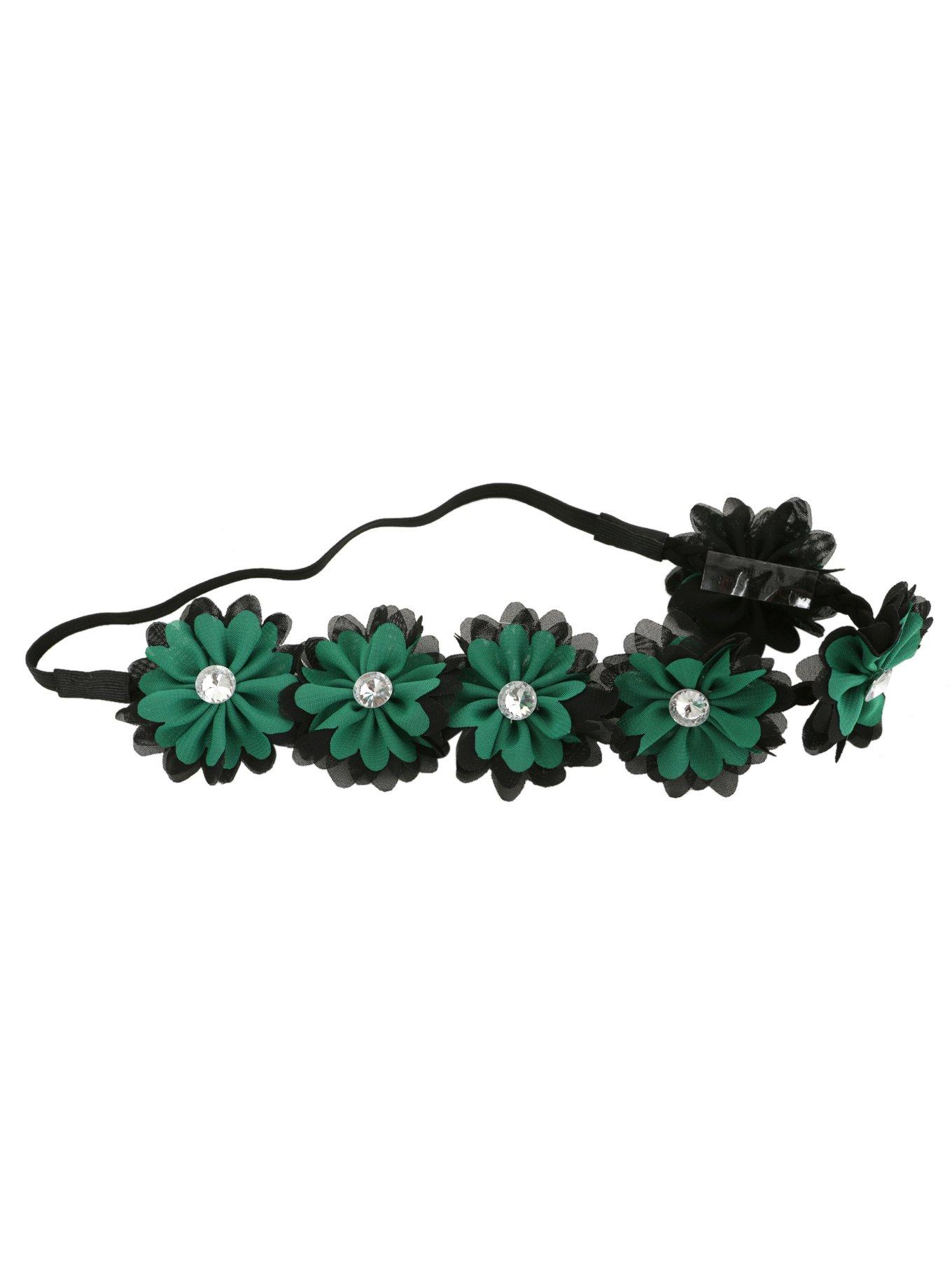 Blackheart Green & Black Chiffon CZ Flower Stretchy Headband, , alternate