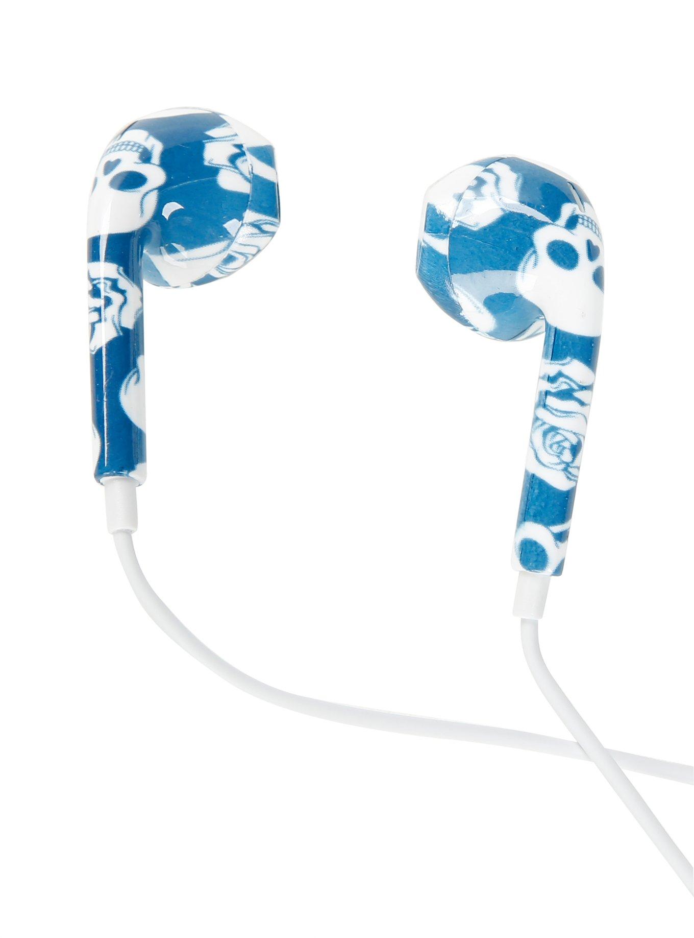 MiCase Blue Skull Floral Print Earbuds, , alternate