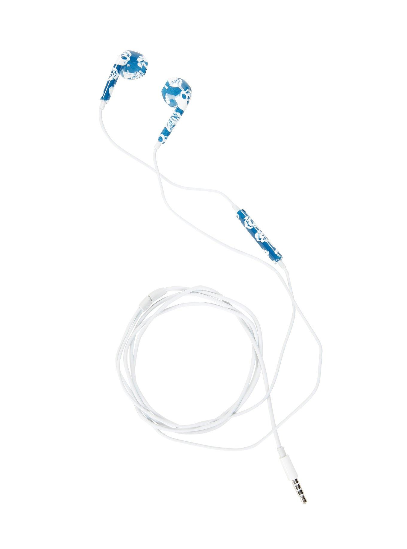 MiCase Blue Skull Floral Print Earbuds, , alternate