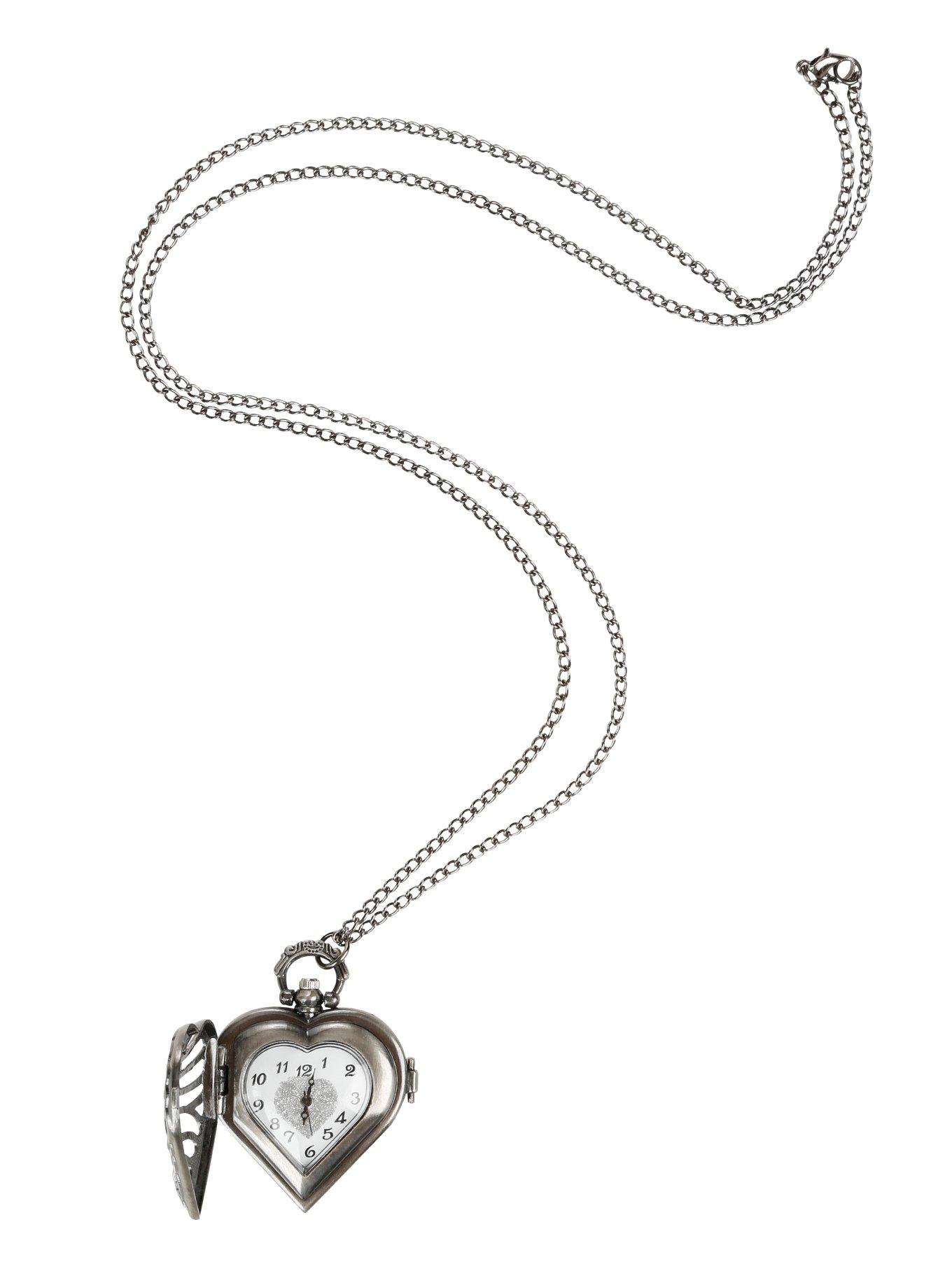 Burnished Silver Tone Heart Rib Cage Pocket Watch Necklace, , alternate