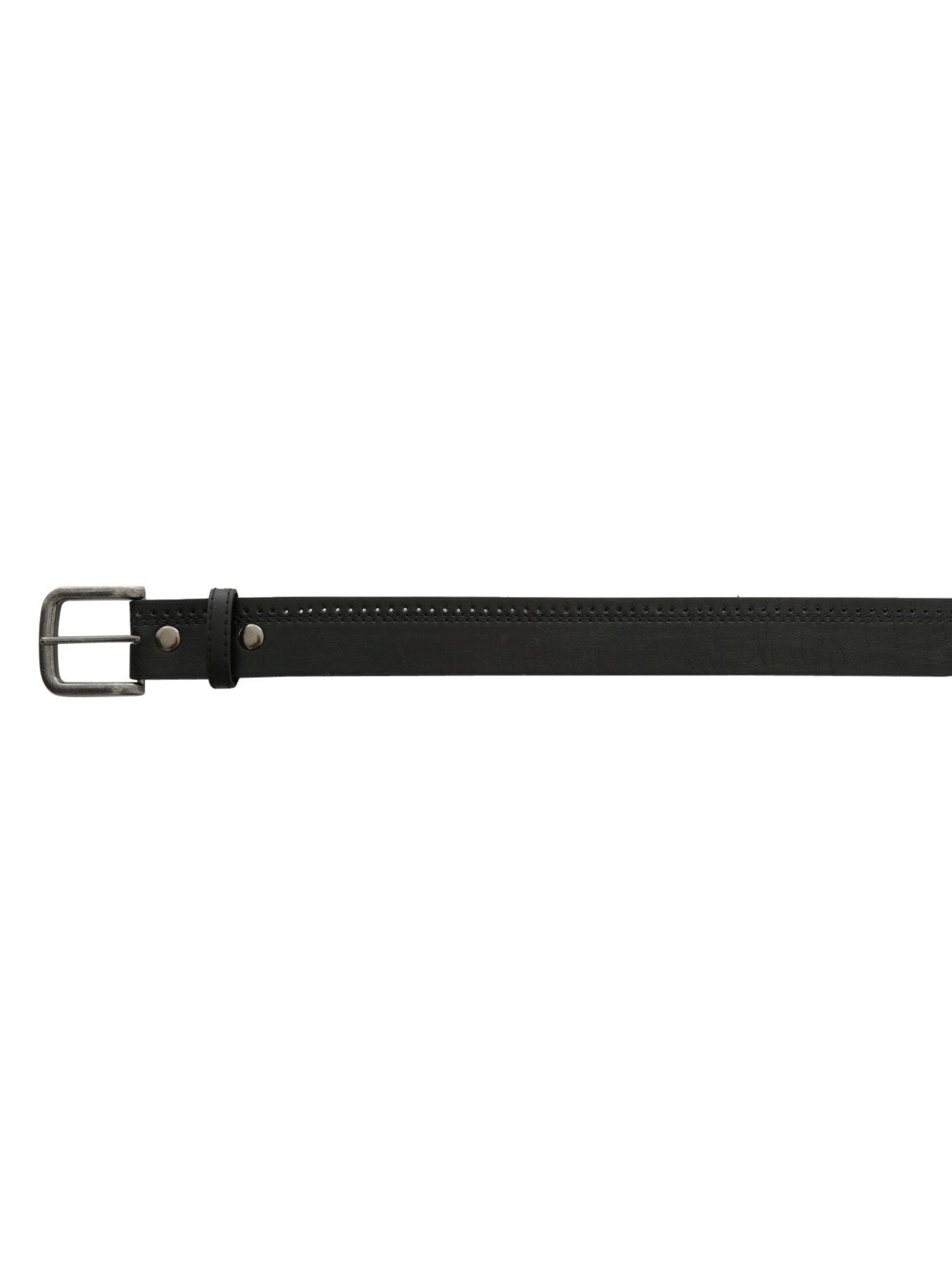 Black Faux Leather Perforated Stitch Belt, , alternate