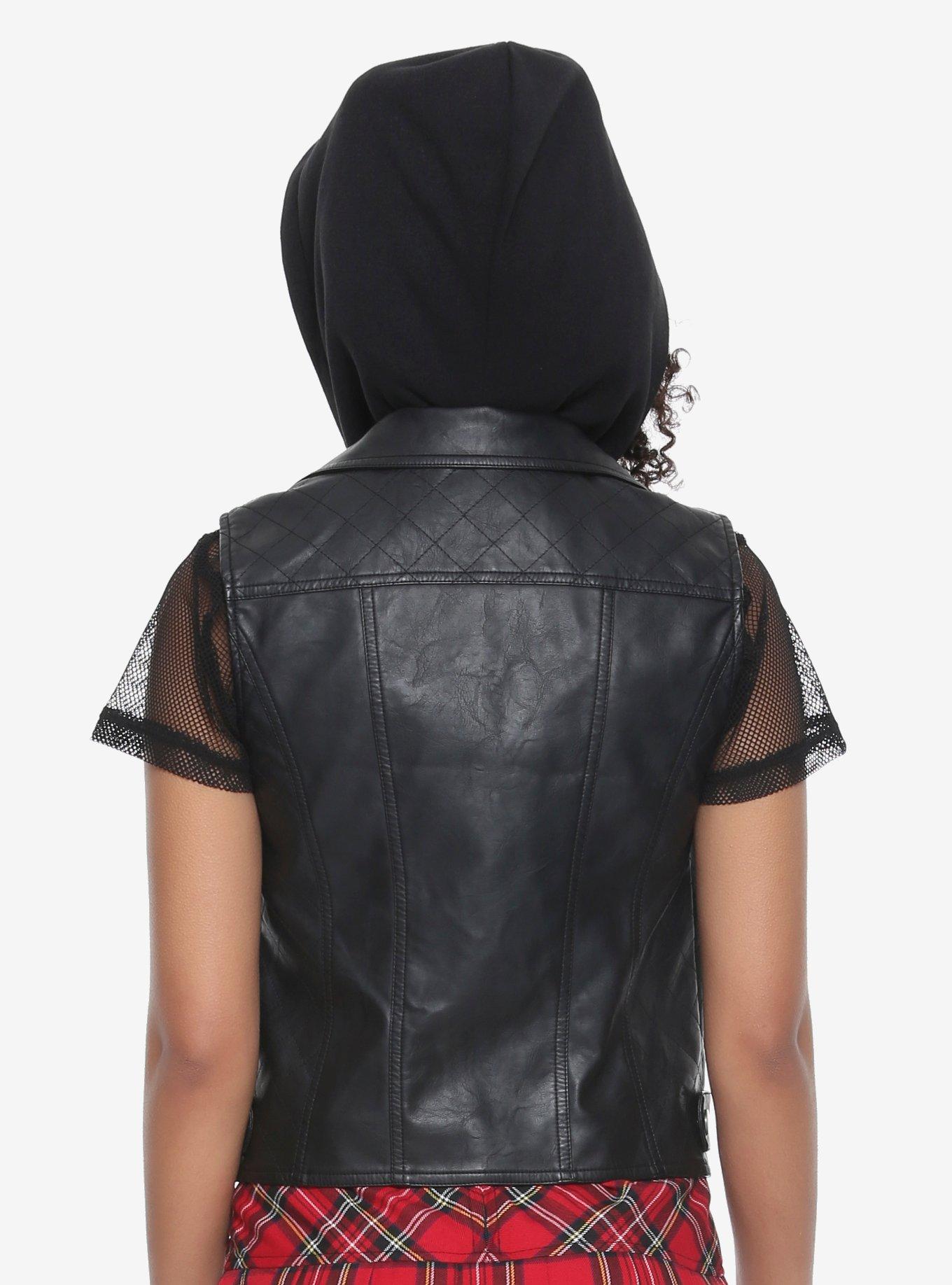 Faux Leather Girls Hooded Moto Vest, , alternate