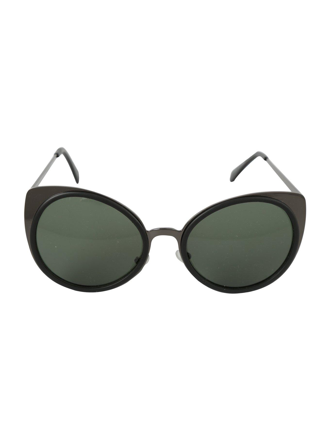 Metal Black On Black Cat Ear Round Sunglasses, , alternate