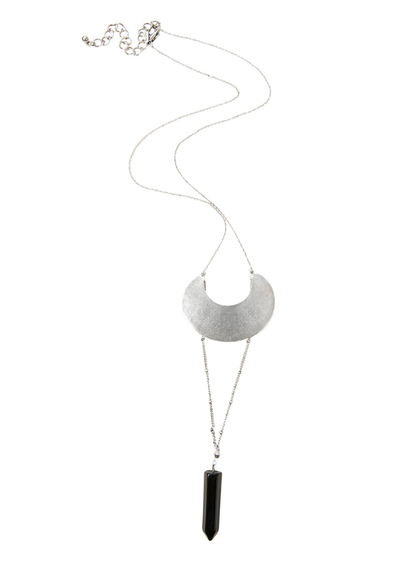 Black Crystal & Silver Shield Long Chain Necklace, , alternate