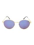 Gold Wire Frame Blue Lens Round Sunglasses, , alternate
