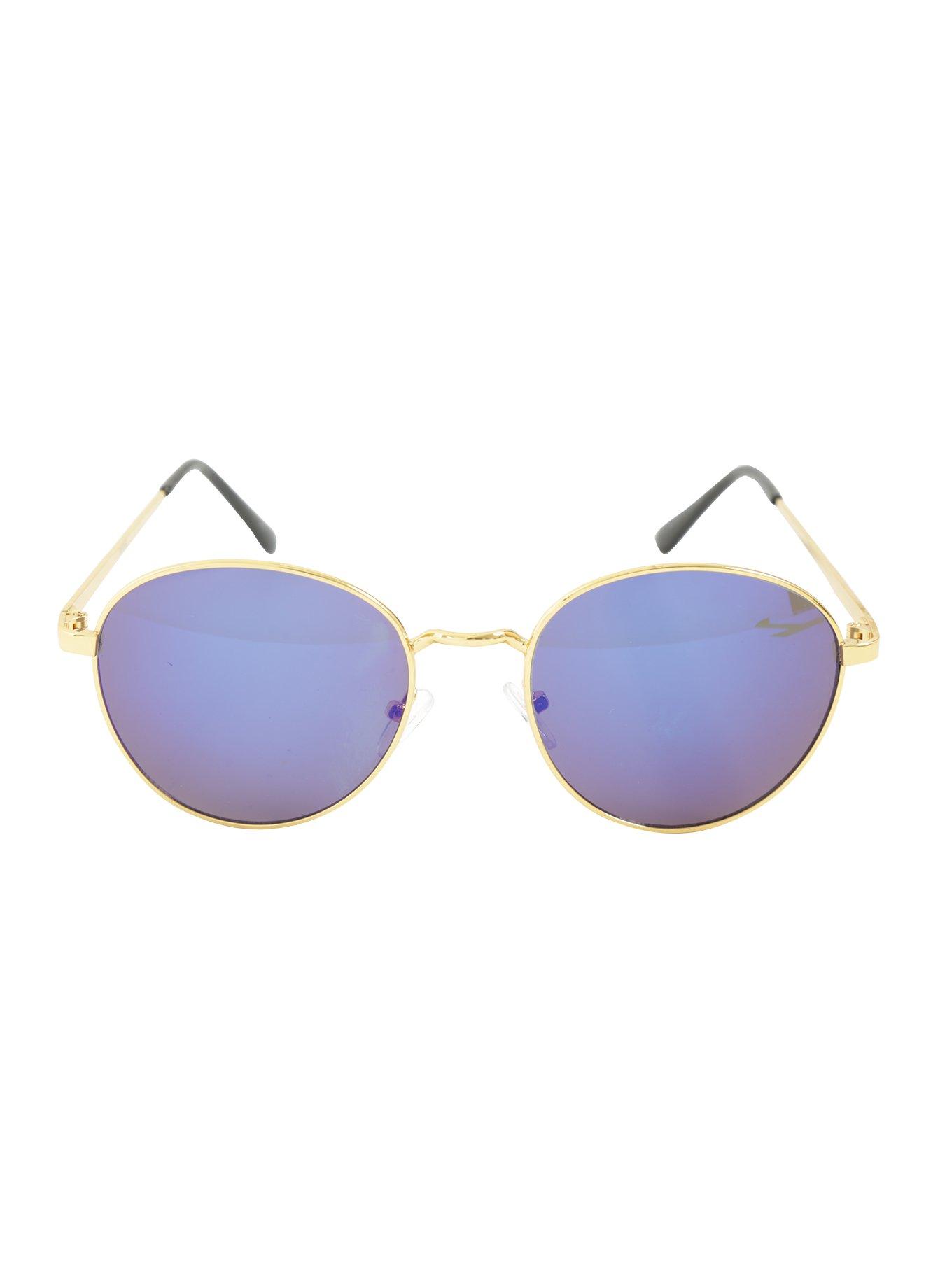 Gold Wire Frame Blue Lens Round Sunglasses, , alternate