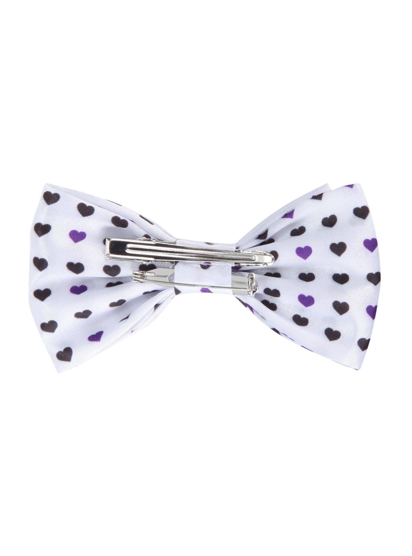 White With Black & Purple Hearts Satin Hair Bow, , alternate