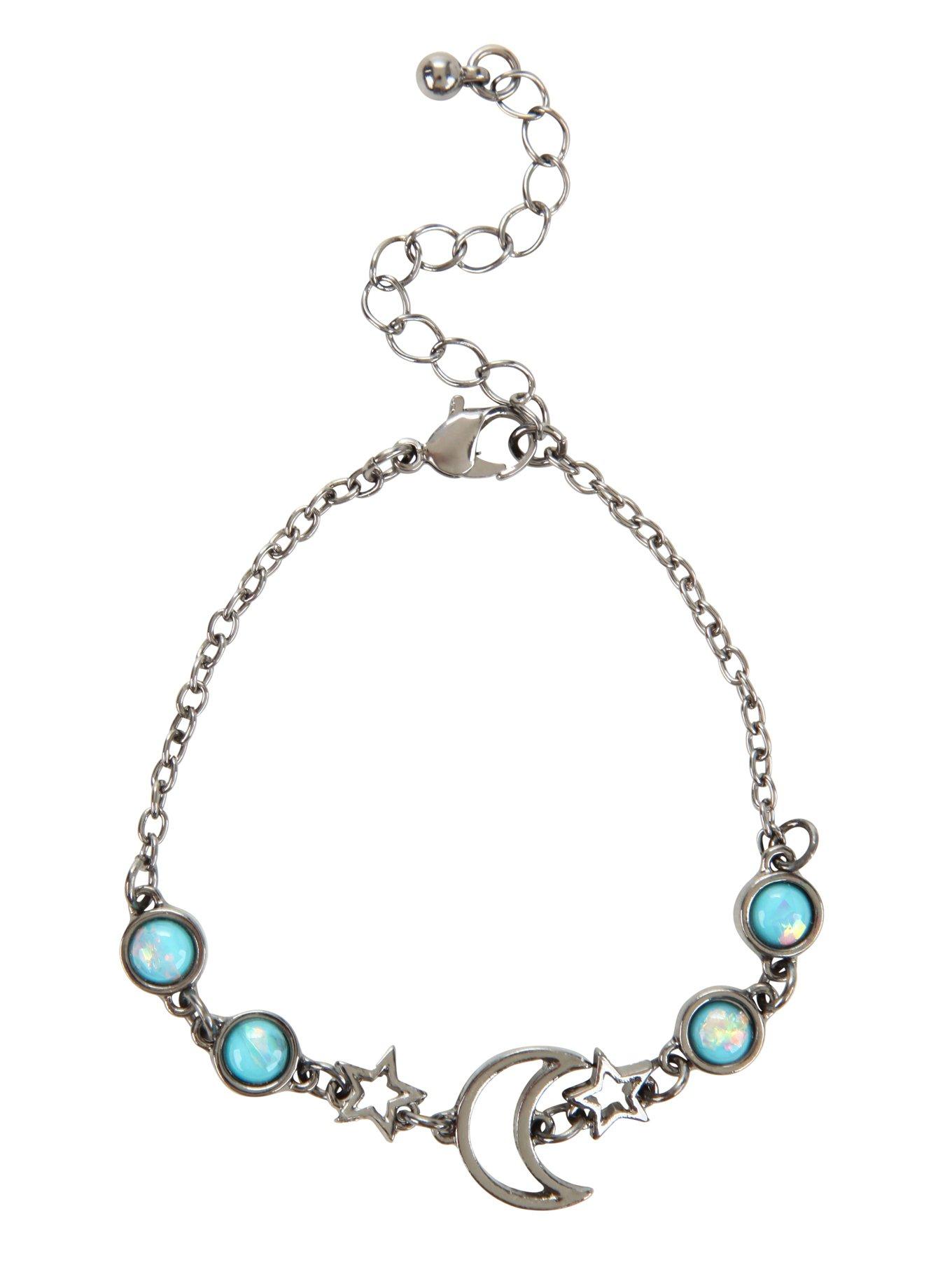 Blackheart Hematite Opal Moon And Star Chain Bracelet, , alternate