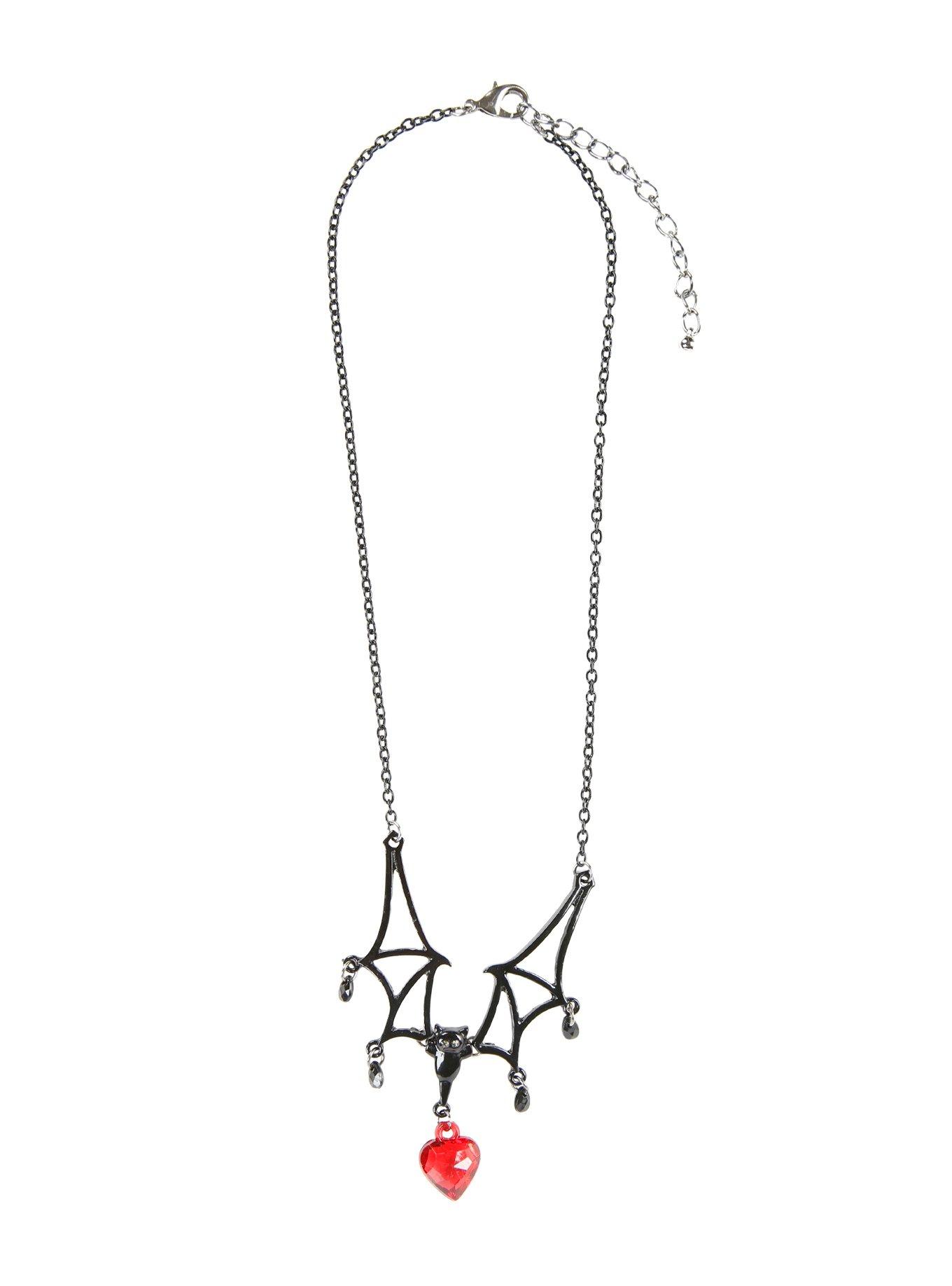 Black Bat & Red Heart Drop Necklace, , alternate