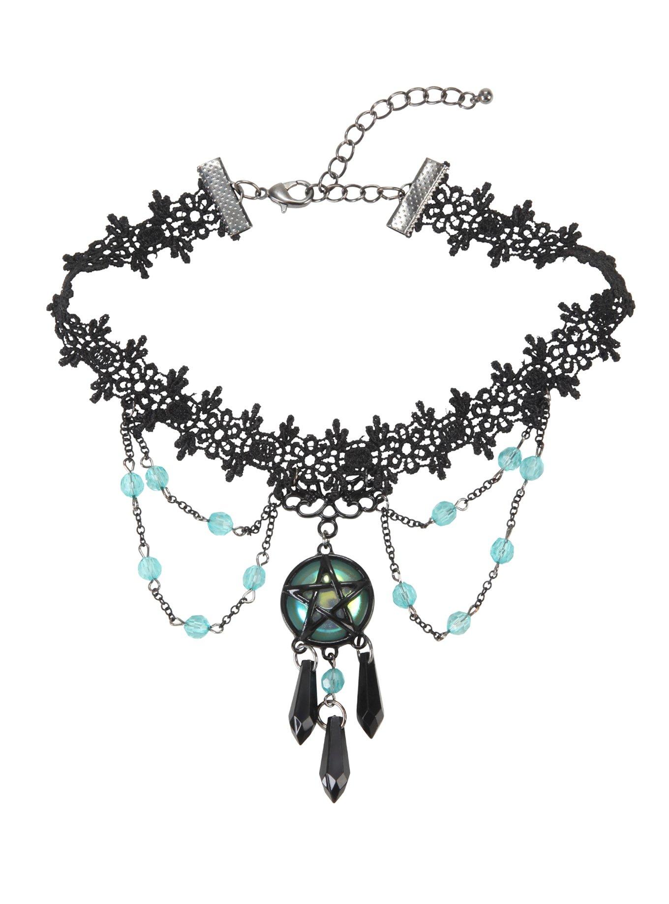 Teal & Black Pentagram & Crystal Lace Choker, , alternate