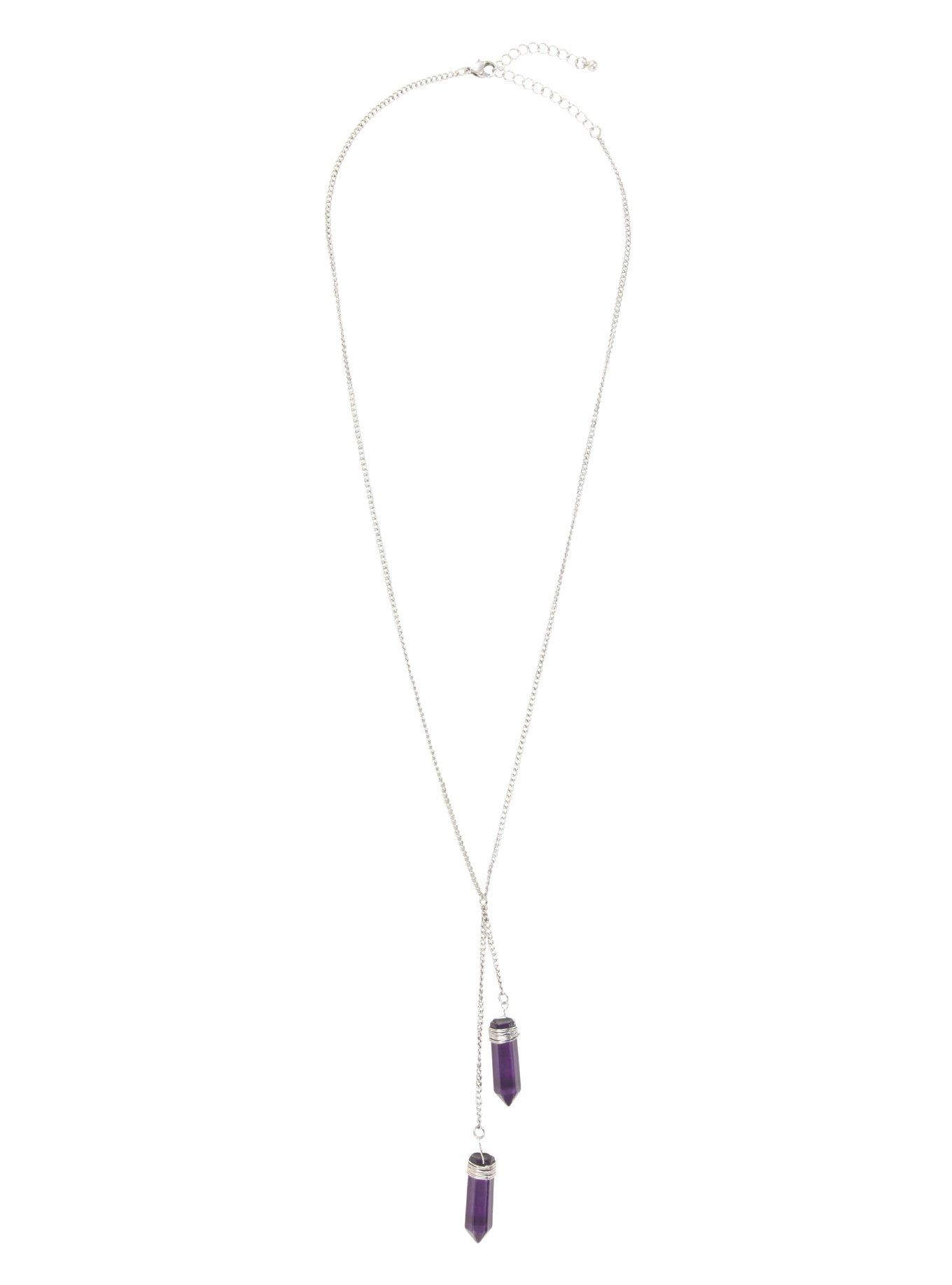 Silver Tone Double Purple Crystal Necklace, , alternate