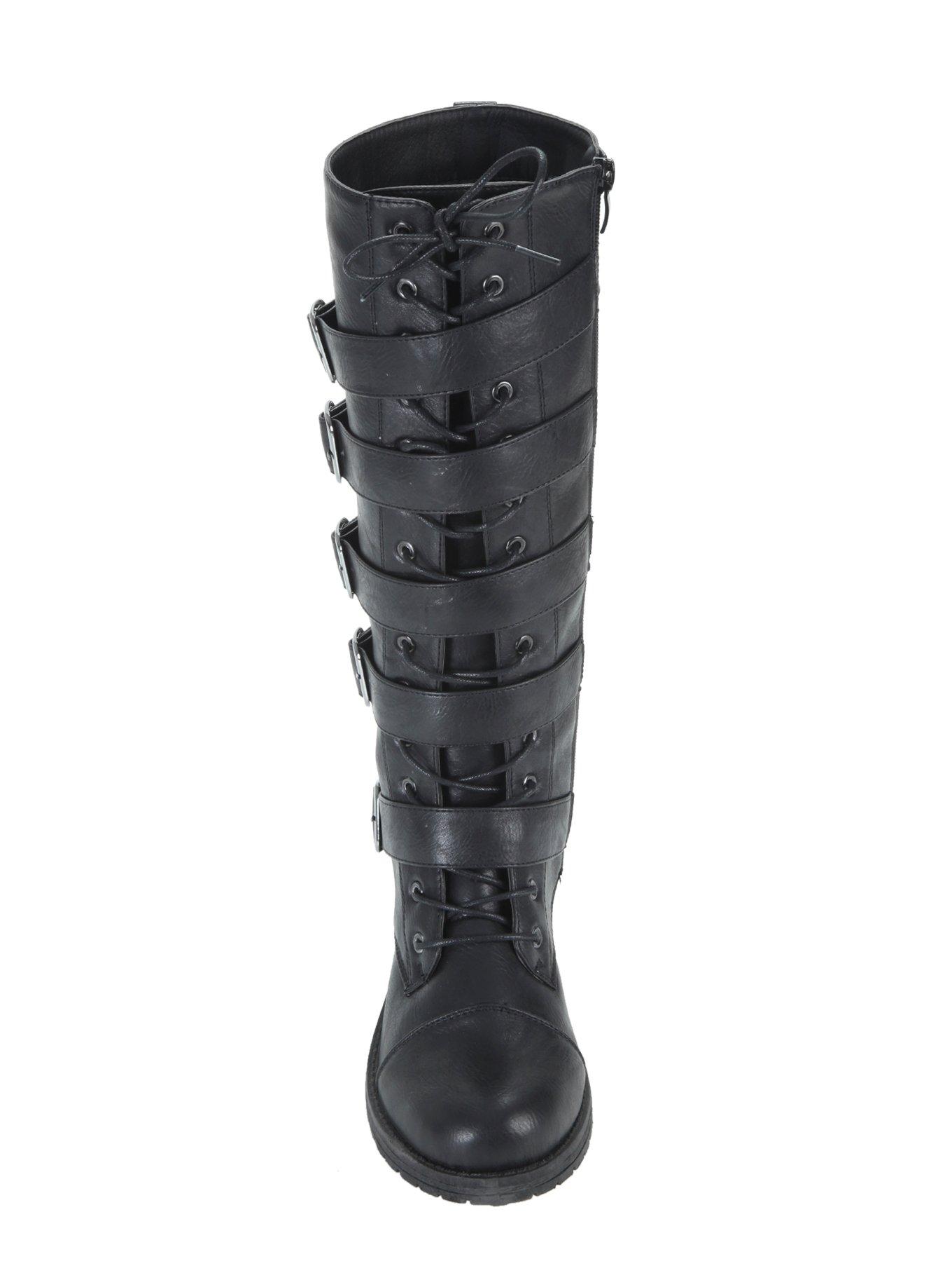 Black 5 Buckle Lace-Up Combat Boots, , alternate
