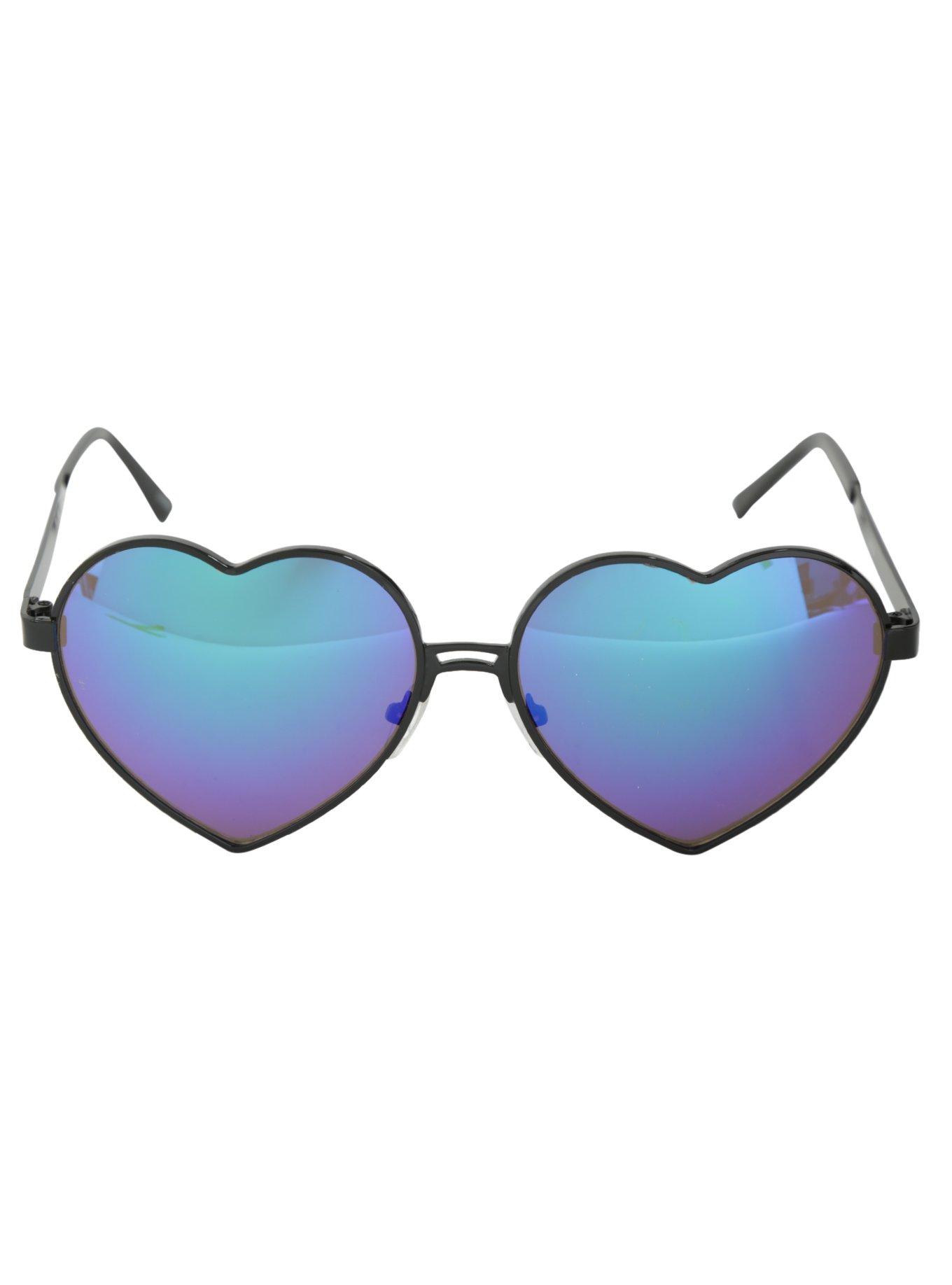 Black Metal Blue Mirror Heart Frame Sunglasses, , alternate