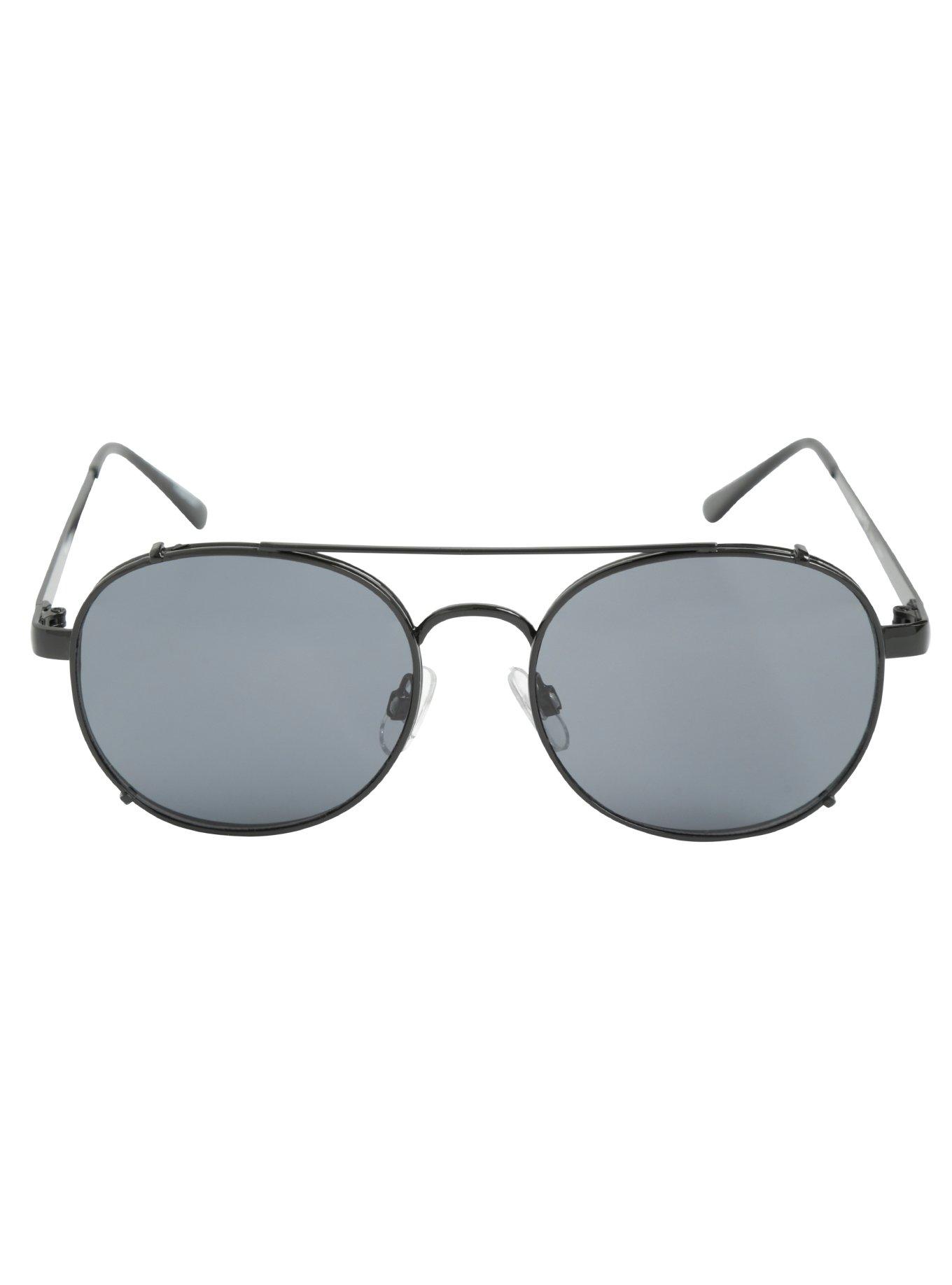 Black Metal Top Bridge Round Smoke Lens Sunglasses, , alternate