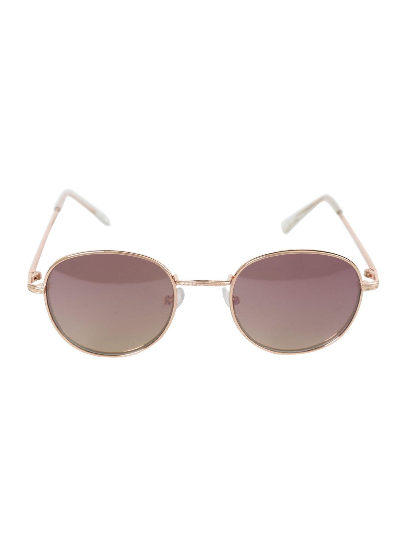 Rose Gold Round Frame Pink Lens Sunglasses, , alternate