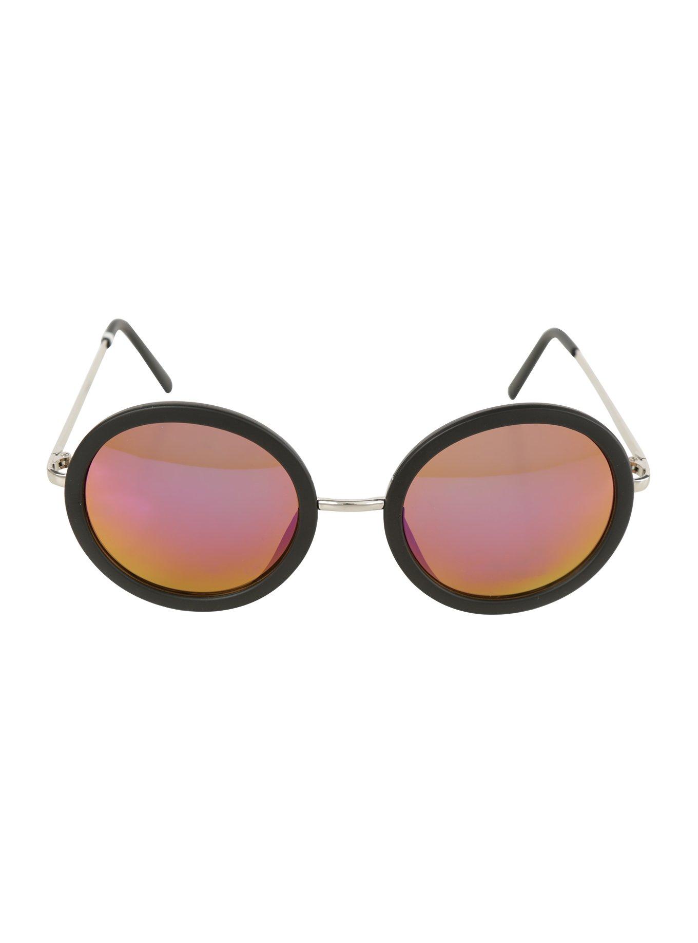 Round Matte Black Flash Lens Sunglasses, , alternate