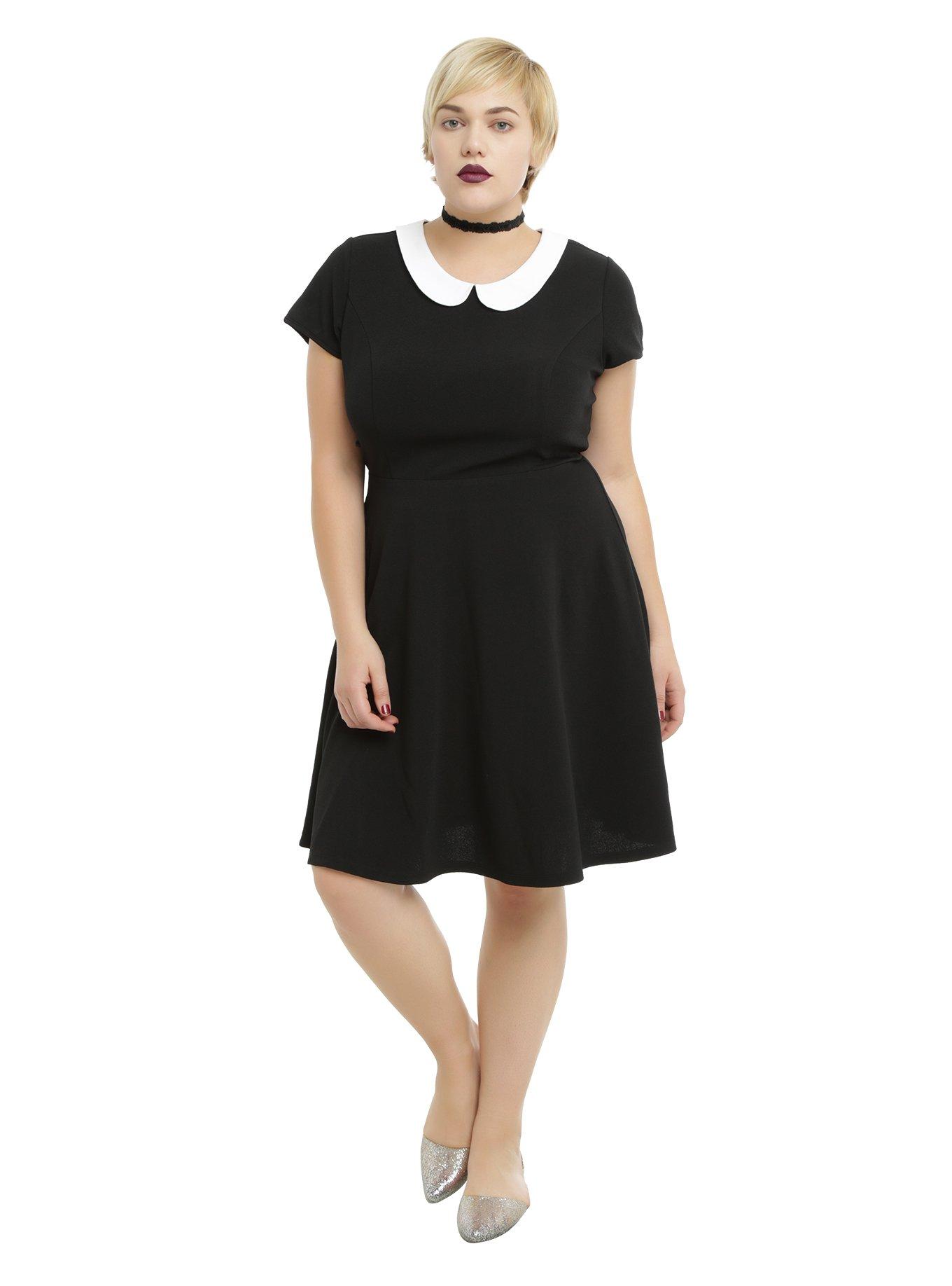 Black Textured White Collar Dress Plus Size, , alternate