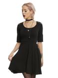 Black Crocheted Back Shirt Sleeve Skater Dress, , alternate