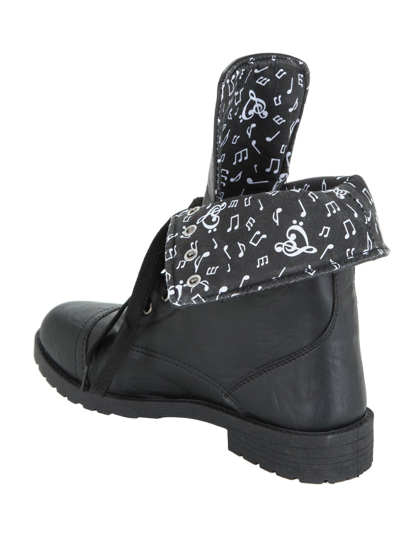 Black Music Note Lined Combat Boots, , alternate