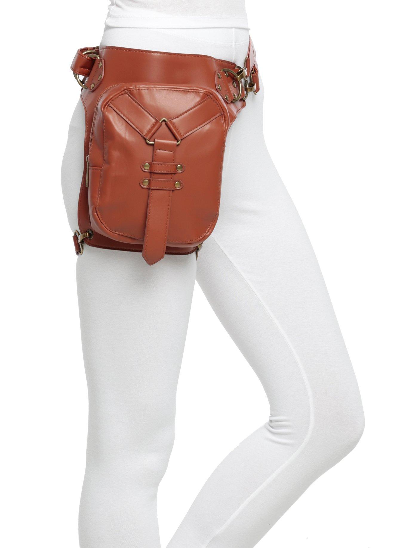 Brown Faux Leather Thigh Holster Bag, , alternate